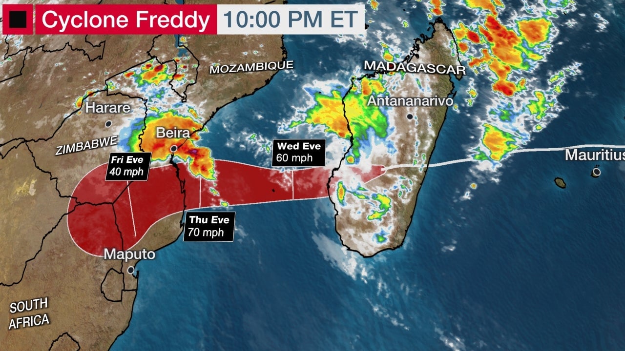 Tropical Cyclone Freddy moving westwards away from Madagascar towards